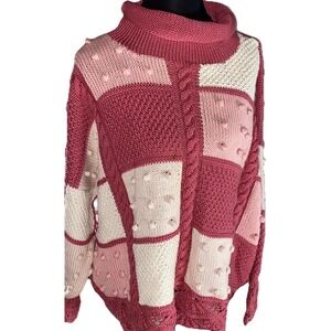 Irish Knit Roll Neck Patchwork sweater Pink Cable Knit Cottagecore Women Medium